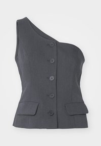 Gilet grigio su misura con un collo asimmetrico unico, cinque bottoni neri di chiusura e due tasche frontali. Tessuto texturizzato con una finitura liscia.