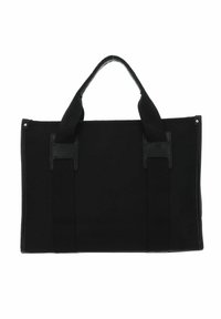 Sac fourre-tout noir, fabriqué en tissu résistant, avec deux courtes poignées et deux sangles latérales pour la fermeture. Texture lisse avec un matériel minimal.