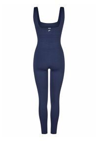 Navy blue athletic jumpsuit with a square neckline, fitted design, and tapered legs. Made of stretchy material for comfort and mobility.