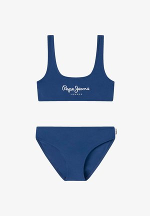 Námornícky modrý bikiny set so štvorcovým výstrihom a zodpovedajúcim spodným dielom. Obsahuje biely logo "Pepe Jeans London" na vrchu. Hladká textúra.