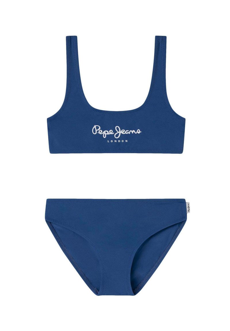 Mornarsko modra bikini komplet z topom s kvadratnim izrezom in ustreznimi hlačkami. Na vrhu je bel logotip 'Pepe Jeans London'. Gladka tekstura.
