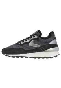 Black and grey sneaker with suede and felt materials. Silver accents, textured upper, and a thick white outsole with a rugged tread pattern.