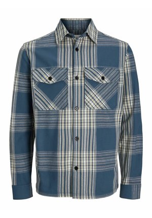 Geruite shirt in blauw en crème, met twee borstzakken, zwarte knopen en lange mouwen met manchet details. Zachte stoftextuur.