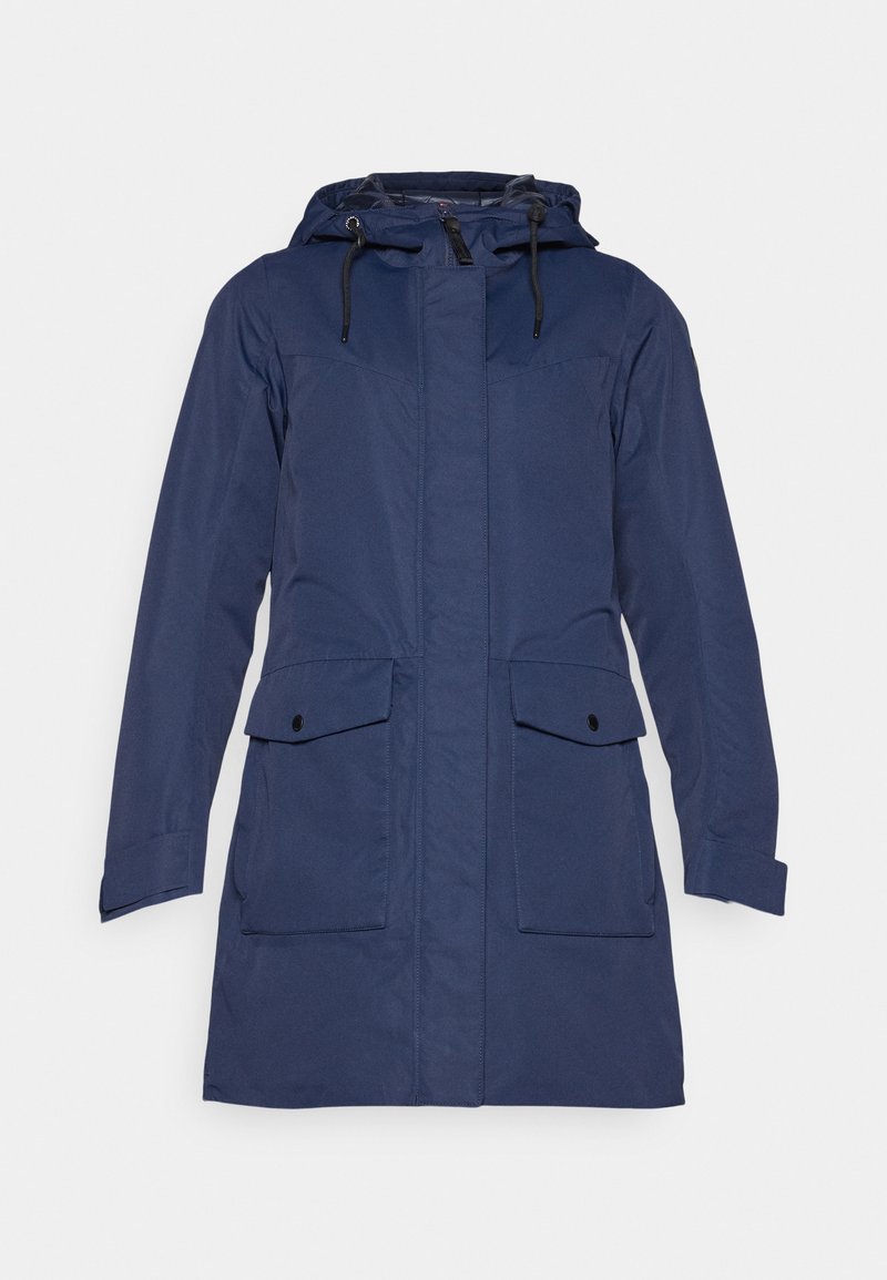 Parka imperméable bleu marine avec capuche, dotée d'une fermeture éclair à l'avant, de deux poches poitrine et de deux poches à rabat inférieures. Texture lisse, design de longueur mi-mollet.
