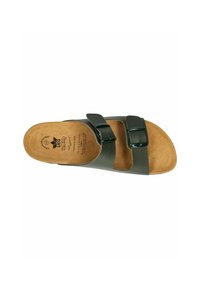 Green slide sandal featuring two adjustable straps with black buckles, a cork footbed, and a smooth leather upper.
