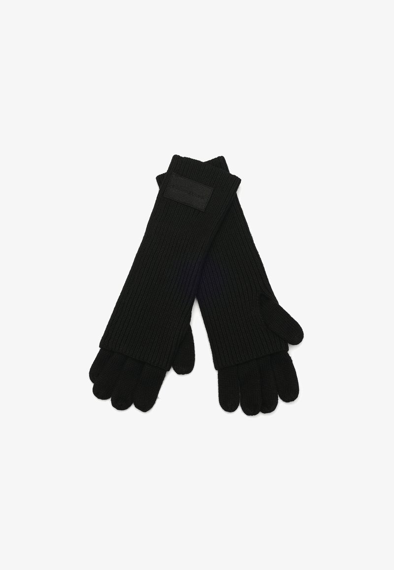 Fekete bordázott kesztyűk texturált felülettel, varrott logóval a mandzsettán, és külön ujjak a precíz mozgás érdekében.