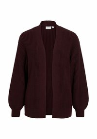 Vīnogu krāsas adīts kardigans ar teksturētu rakstu, atvērtu priekšu un balona piedurknēm. Izgatavots no mīkstas, biezas dzijas siltuma un komforta nodrošināšanai.