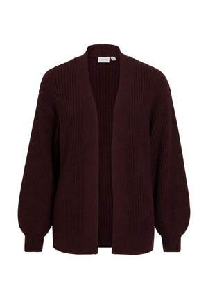 Viininpunainen neulottu neuletakki, jossa on tekstuuri kuvioitu pinta, avoin etupuoli ja pallohihat. Valmistettu pehmeästä, paksusta langasta lämpöä ja mukavuutta varten.