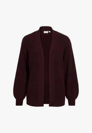 Bordowy sweter kardigan z dzianiny o fakturowanym wzorze, z otwartym przodem i rękawami w kształcie balonów. Wykonany z miękkiej, grubej przędzy zapewniającej ciepło i wygodę.