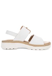 Sandalias de piel blanca con un acabado texturizado, punta abierta y correa ajustable. Presentan una suela de plataforma con un diseño trenzado y textura antideslizante.