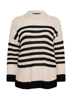 Gebreid sweater met een crèmekleurige basis en zwarte horizontale strepen. Heeft een hoge halslijn en brede mouwen, opvallende geribbelde zoom aan de onderkant.