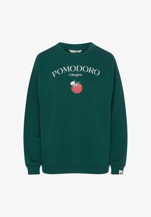 Tmavě zelená mikina s nápisem "POMODORO Ciliegino" a grafikou červeného rajčete na hrudi, žebrovanými manžetami a lemem.