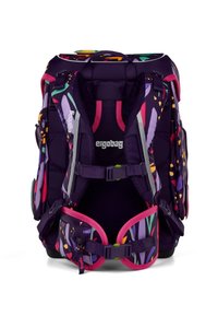 Colorful ergonomic backpack in purple with floral patterns, featuring adjustable straps, padded back, and vibrant pink accents for comfort.