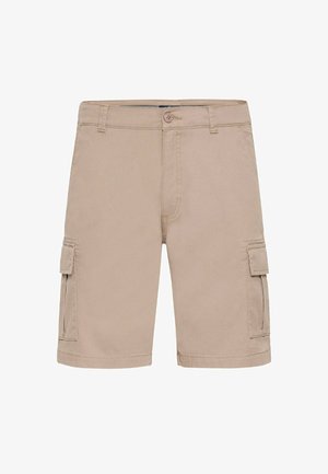 Beige cargo lühikesed püksid, mis on valmistatud vastupidavast kangast, omavad kahte küljetaskut ning lukuga sääre, millel on nupuvajutus. Lihtne disain sirge lõikega.