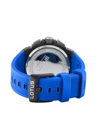 Orologio Lotus con cinturino in gomma blu, lunetta nera, dettagli argentati e vetro a specchio. Impermeabile fino a 10 ATM. Chiusura regolabile.