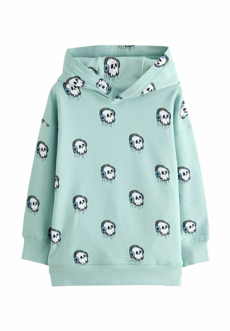 Sudadera de color verde claro con un diseño repetido de calaveras con auriculares. Confeccionada en una tela suave, tiene un corte relajado y un bolsillo frontal tipo canguro.