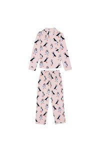 Pyjamaklänning med en rosa bakgrund och ett upprepat lunnefågelmotiv. Överdelen har lång ärm och krage; underdelen har en elastisk midja.