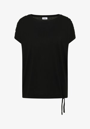 Top nero da donna a maniche corte con scollo rotondo, dettaglio arricciato sulle maniche e coulisse regolabile sull'orlo inferiore.