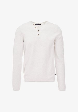 Lichtbeige langemouwen shirt van zachte stof, met een henley-halslijn met drie bruine knopen en een rechte zoom op de taille.