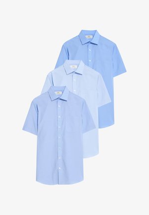 Chemises à manches courtes bleu clair en trois nuances, avec des fermetures à boutons, une poche sur le côté gauche et un col classique.