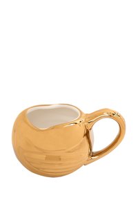 Tazza in ceramica con una finitura dorata lucida, caratterizzata da una forma rotonda, un manico curvo e delicate linee testurizzate all'esterno.