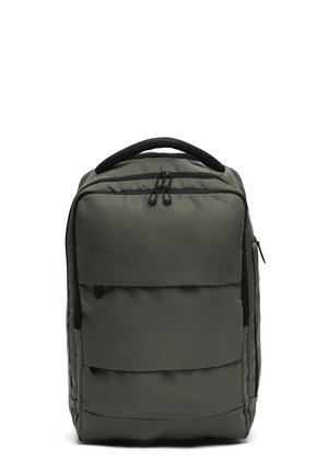 Dark green rectangular backpack with multiple zippered compartments and a padded top handle.