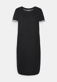 Svart klänning med rund halsringning och korta ärmar. Ärmarna har gråa detaljer. Tillverkad av mjukt tyg, faller precis ovanför knäna.