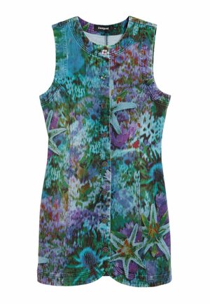 Plava-zelena haljina bez rukava s prednjim gumbima, cvjetnim i apstraktnim uzorcima u ljubičastoj, bijeloj i zelenoj boji, oznake Desigual, veličina srednja.