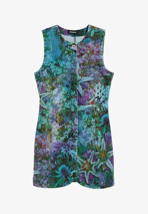 Plava-zelena haljina bez rukava s prednjim gumbima, cvjetnim i apstraktnim uzorcima u ljubičastoj, bijeloj i zelenoj boji, oznake Desigual, veličina srednja.