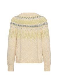 Pulover de culoare crem, cu o textură moale, având un design cu umerase în verde deschis și gri, și manșete și tiv cu riburi.