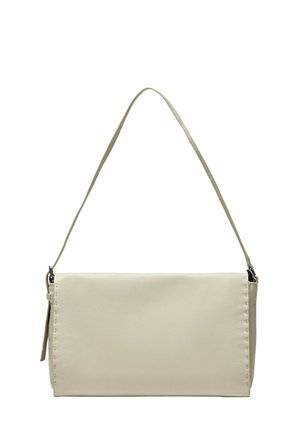 Beige rectangular leather shoulder bag with a simple flap and a slim strap attached with metal hardware.