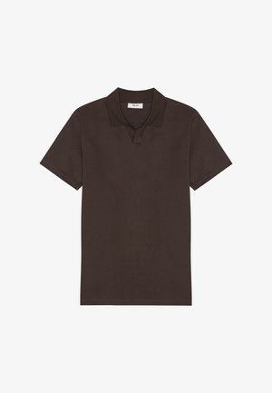Kurzarm-Poloshirt in dunkelbraun, ausgestattet mit einem klassischen Kragen und einer weichen, glatten Textur. Keine sichtbaren Logos oder Muster.