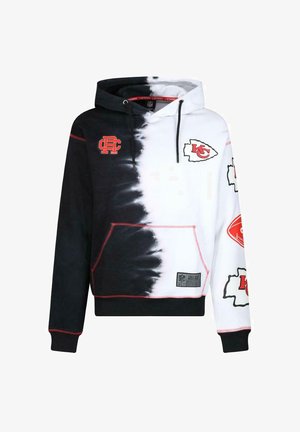 Kapuzensweatshirt in Schwarz-Weiß-Tie-Dye mit roten Nähten. Verfügt über Logos, eine Vordertasche und verstellbare Kordeln. Weicher Stoff.