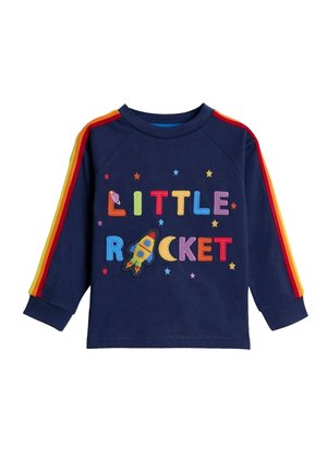 Laivasto värinen collegepaita pitkillä hihoilla, monivärinen "LITTLE ROCKET" -brodeeraus ja sateenkaaren värit hartiakoristeissa. Pehmeää puuvillakangasta.