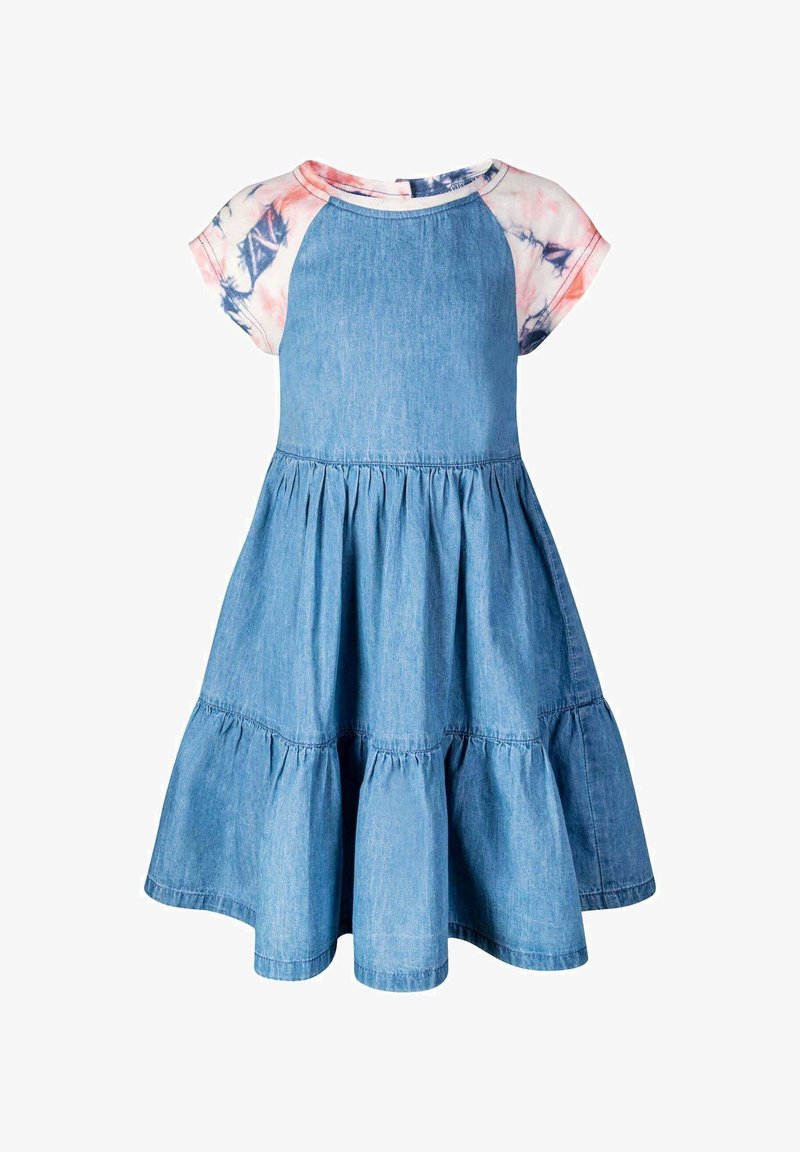 Denimové šaty s krátkými raglánovými rukávy a šaty s tiskem tie-dye. Obsahují nabíranou, patrovou sukni a kulatý výstřih. Barva: modré a růžové akcenty.