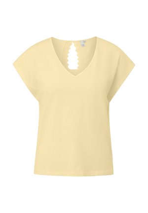 Haut jaune clair à manches courtes avec col en V et détail de découpe en dentelle à l'encolure dos, coupe ample.