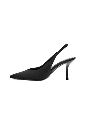 Black pointed-toe slingback high heel shoe with a thin stiletto heel and smooth finish, shown from the side on a white background.