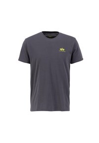 Grå bomulds T-shirt med rund hals, korte ærmer og et lille gult logo på venstre brystområde. Standard pasform, glat tekstur.