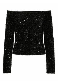 Haut noir à paillettes, décolleté asymétrique, à manches longues, au design ajusté, texture brillante et ourlet droit, mettant en valeur des paillettes éparpillées.