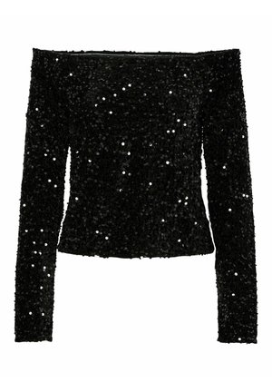 Musthave musta sädelev must off-the-shoulder top pikkade varrukatega, edev disain, läikiv tekstuur ning sirge alläär, millel on hajutatud sädelevad detailid.