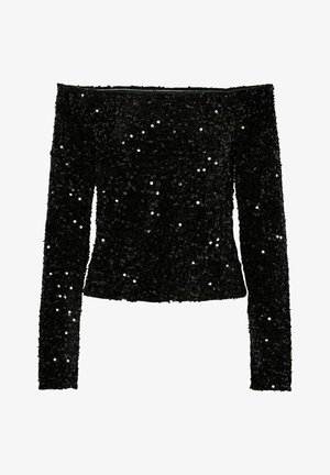 Top negro con lentejuelas, sin hombros, de manga larga, diseño ajustado, textura brillante y dobladillo recto, que presenta lentejuelas dispersas.