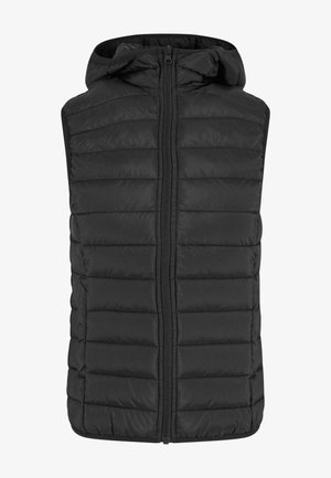 Gilet rembourré noir avec capuche, doté d'une fermeture éclair avant intégrale et d'un design matelassé horizontal. Texture lisse et matériau léger.
