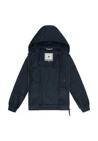 Navy blue jacket with a hood, full zip, elastic cuffs, and hem. Features a square logo patch on the chest and a smooth texture.