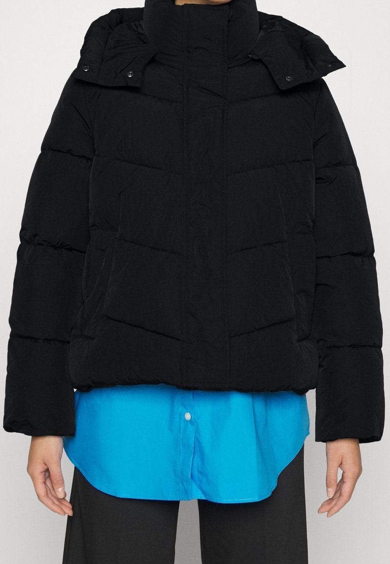 Veste matelassée noire avec un col haut, design matelassé et boutons-pression ; portée sur une chemise bleu clair et un pantalon noir.