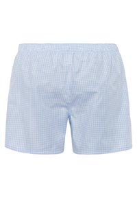 Boxers à carreaux bleu clair avec une taille élastique, présentant un motif de grillage fin et une texture de tissu douce.