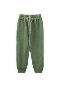 Grüne Baumwollhosen mit einem elastischen Bund und schmalen Bündchen. Glatte Textur, lässiges Design, geeignet für bequemen Tragekomfort.