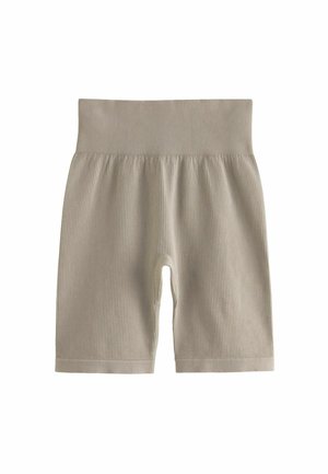 Heledbeige ribakujulised jalgrattashortsid kõrge vöökohaga ja pehme tekstuuriga, millel on tihe istuvus ja põlve pikkus.