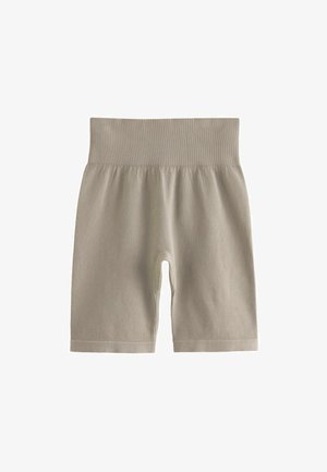 Light beige ribbed biker shorts with a high waistband and soft texture, featuring a snug fit and knee-length design.