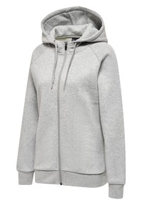 Sweat à capuche zippé gris clair avec capuche ajustable à cordon, manches longues, poignets et ourlet côtelés.