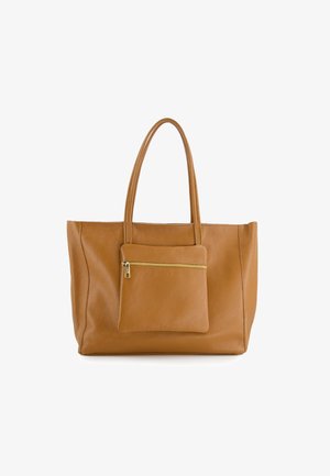 Havene leren tote bag met twee lange handvatten, voorzien van een voorste ritszak; reliëfstructuur en rechthoekige vorm.